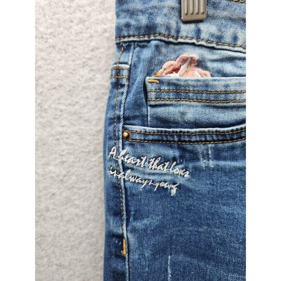 Angel Kiss Womens Distressed Embroidered Skinny Jeans Size 9 Blue Denim With Flo - Picture 2 of 5